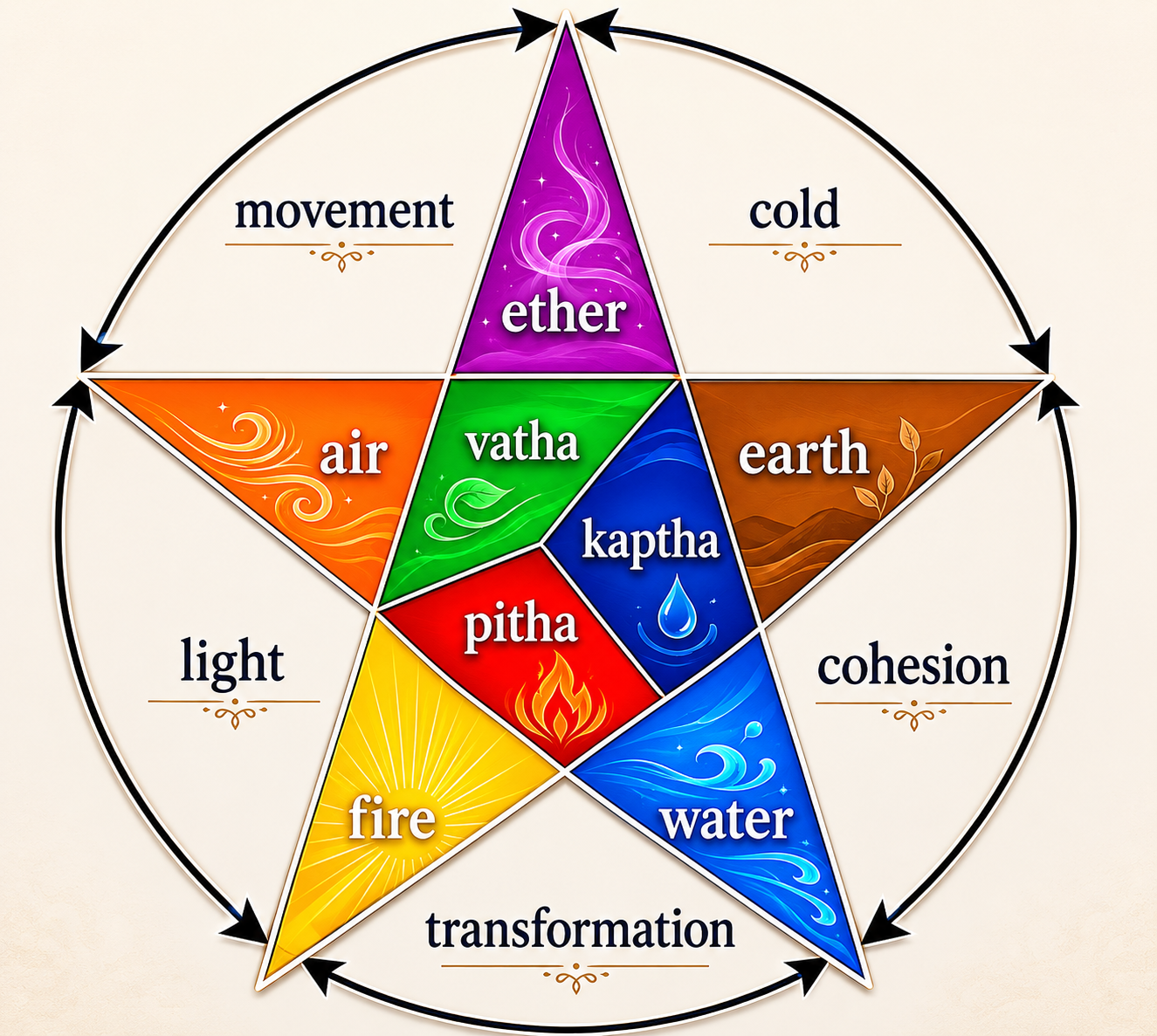The Five Elements and Three Doshas of Ayurveda — Vatha, Pitha, Kapha
