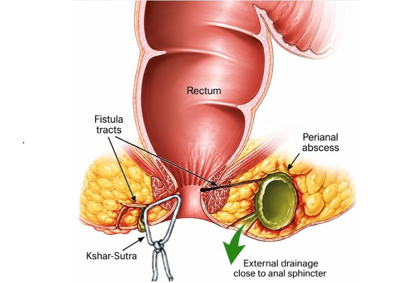 Ksharasutra technique diagram showing fistula treatment